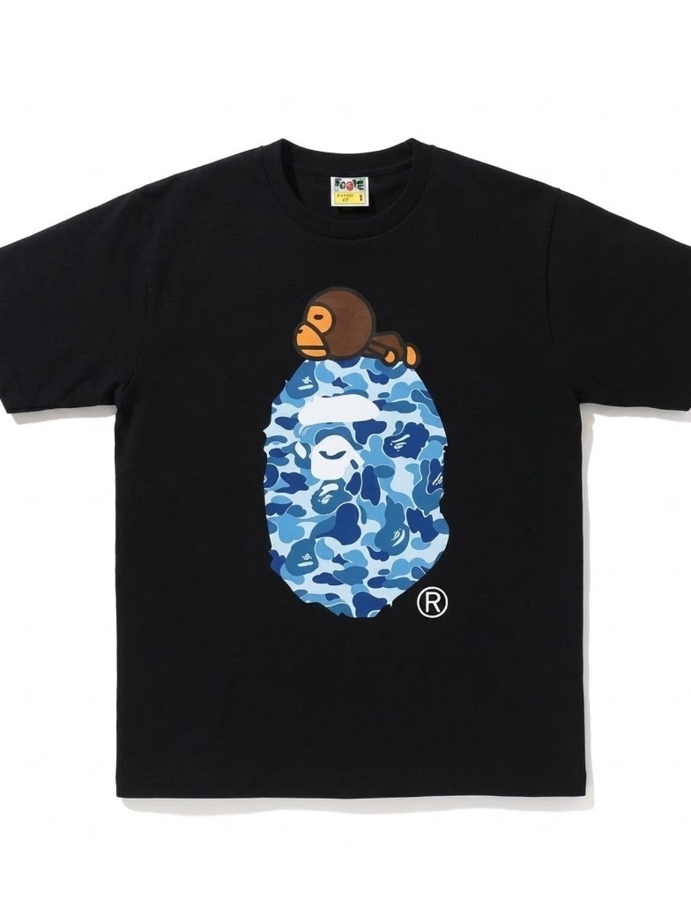 Black Men's Swim T-Shirt with Blue Camo Ape Graphic